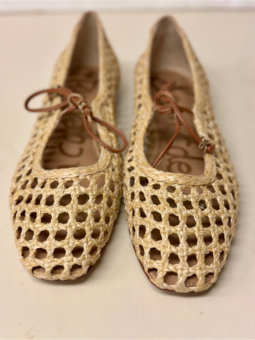 Sam Edelman Beige Woven Ballet Flats with Leather Tie